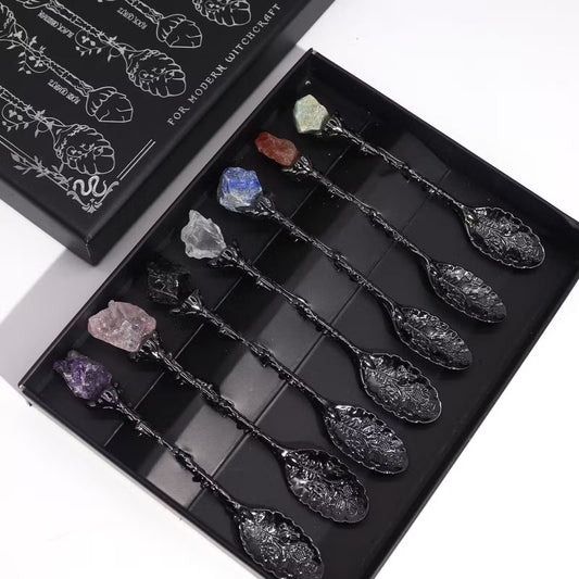 Conjunto de 7 Colheres Ancient Witch de Pedras Preciosas - Prateado Escuro