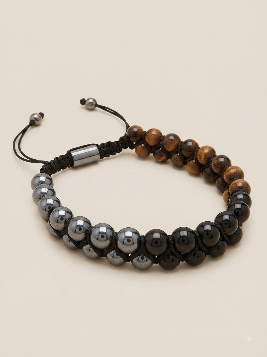 Pulseira Tripla Proteção – Olho de Tigre, Ónix e Hematite