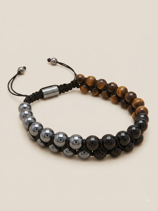 Pulseira Tripla Proteção – Olho de Tigre, Ónix e Hematite