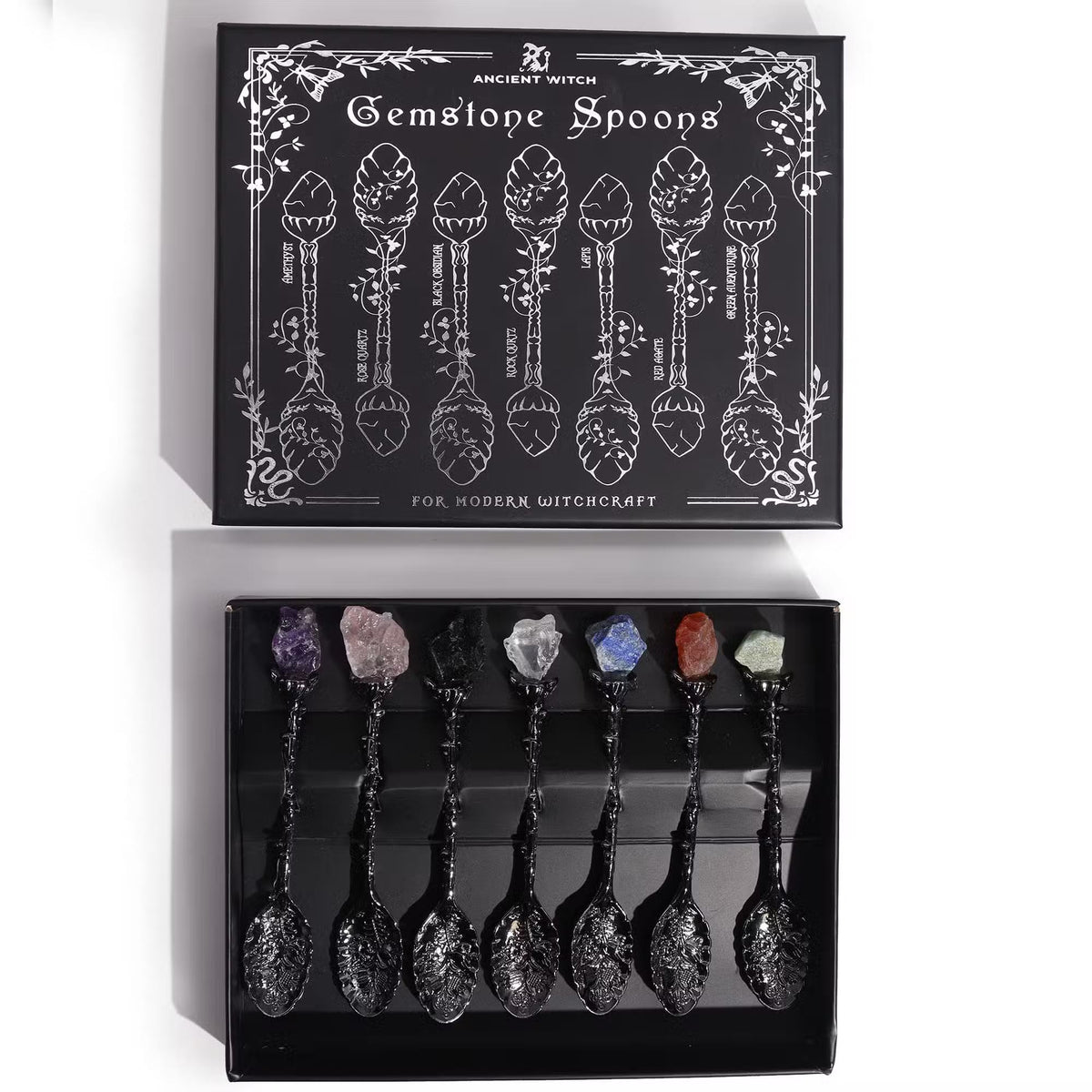 Conjunto de 7 Colheres Ancient Witch de Pedras Preciosas - Prateado Escuro